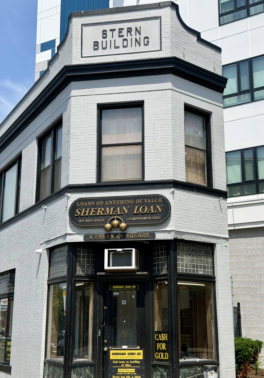 Sherman Loan Company storefront today at the Stern Building, 4 Freeman Square, Lynn MA, with the three gold balls sign